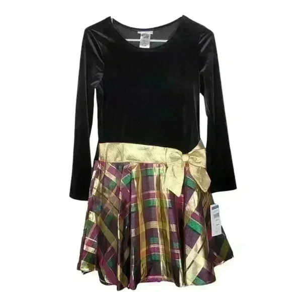 Bonnie Jean Other - BONNIE JEAN Girls Black Gold Bow Plaid Velvet Holiday Party Dress Sz …